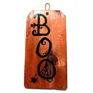 Handmade Halloween Boo Door Hanger Decor Wood Spiderweb Boho Rustic Fall Cottage